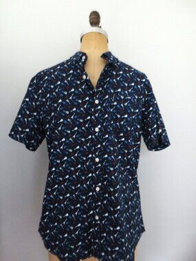 Men's Retro Navy Guitar Print Button Front Short Sleeve Stretch Fitted Shirt